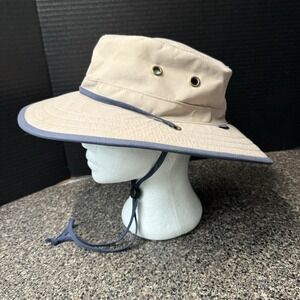 Wallaroo Sun Hat Explorer‎ M/L Beige Navy Wide Brim Outdoor Hiking Chin Strap